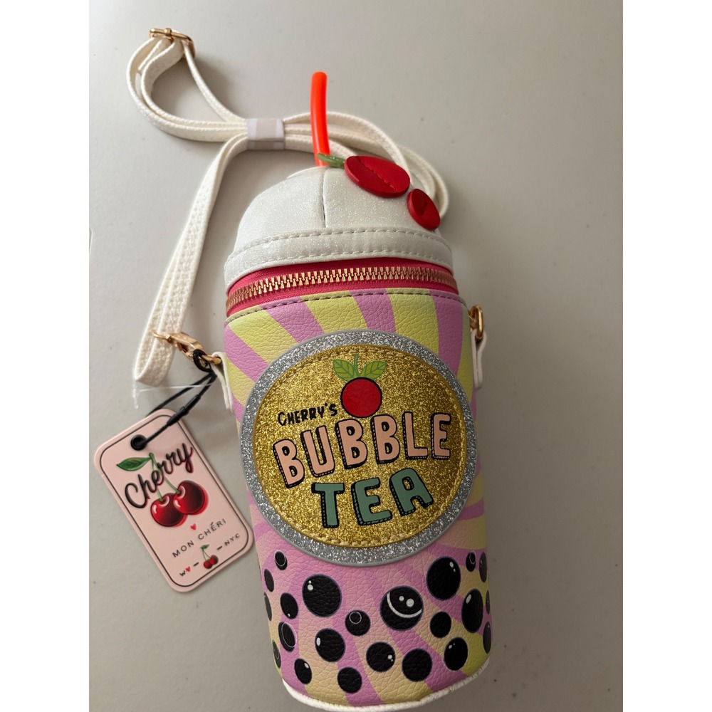 Mon Cheri NYC Cherry Bubble Tea Crossbody Bag Novelty Boba Cup Purse White Pink